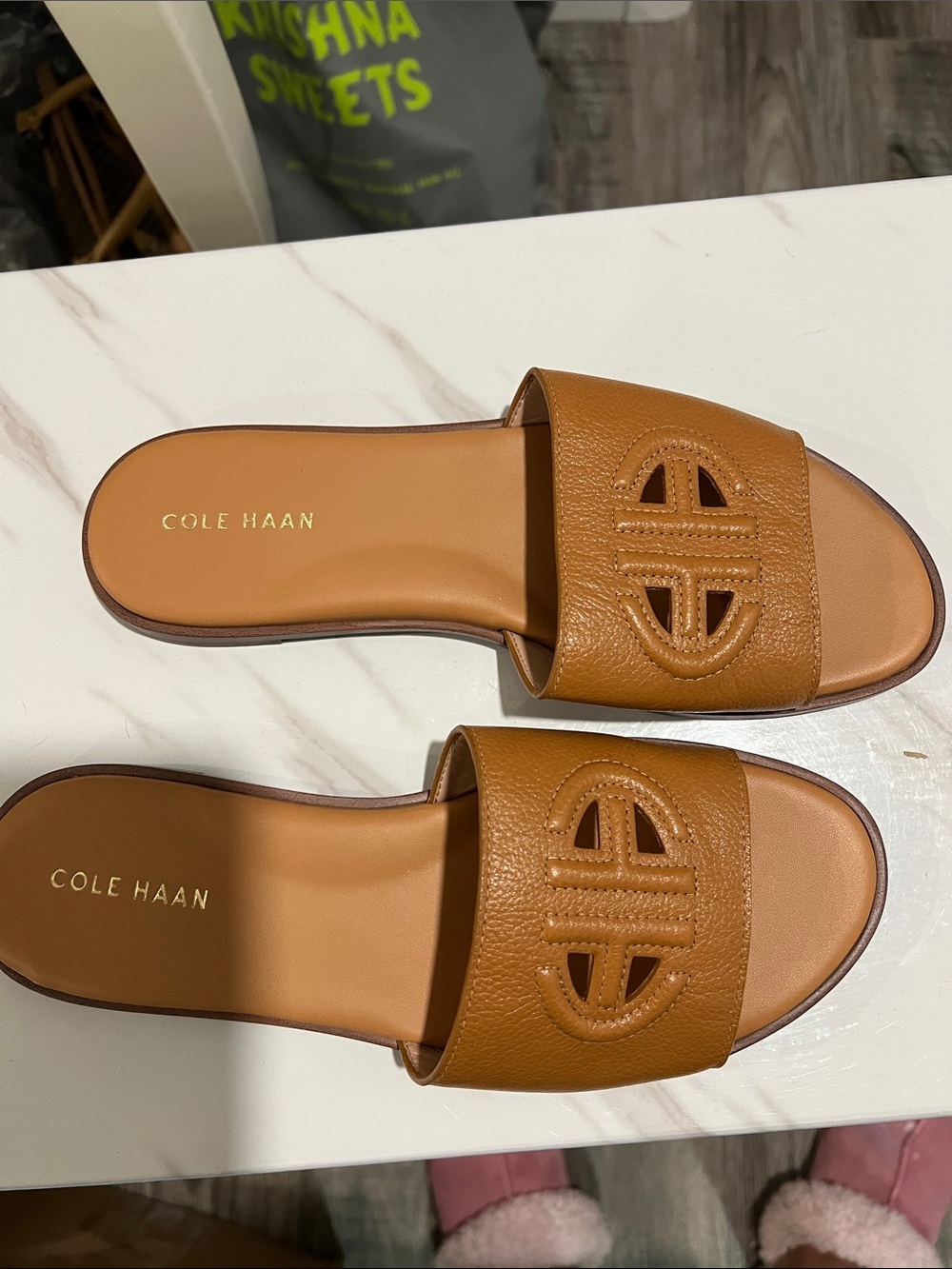 Cole Haan Cognac Leather Slide Sandals with Logo Cutout